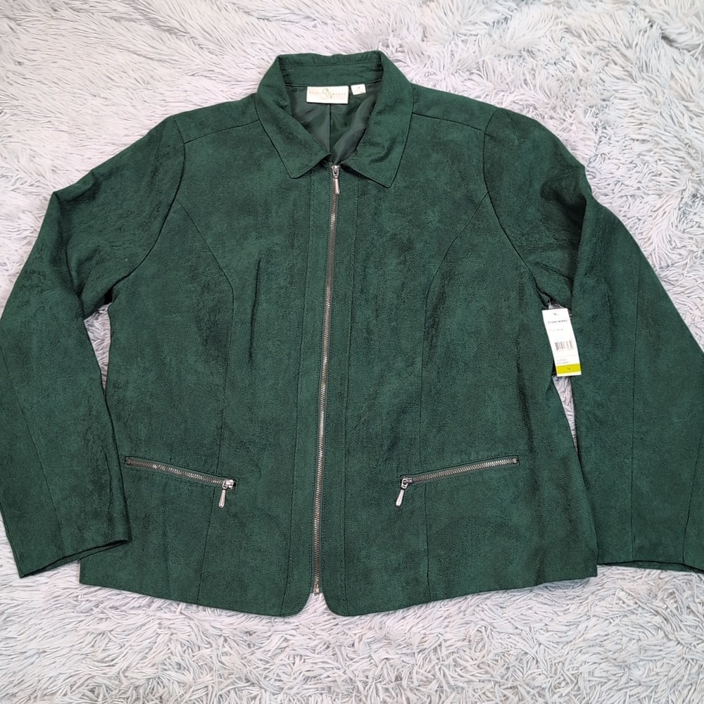 Studio Works Jacket Womens 14 Green Lightweight Zip Up Soft Comfy Preppy New
